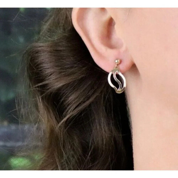 14k Yellow Gold Wave Earrings Modernist Dangle Drop - Picture 2 of 7